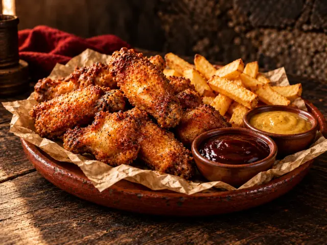 Alitas crujientes con patatas y salsas